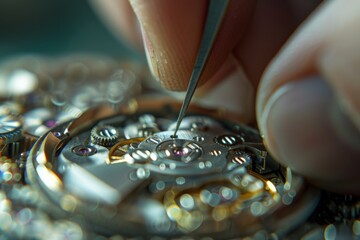Aufkleber - An image of a watchmaker using tools to delicately adjust the mechanical movement of a watch