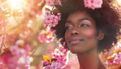 A portrait of a handsome black Afro-American woman posing cheerfully in front of a blooming cherry tree, highlighting beauty and joy in a natural setting