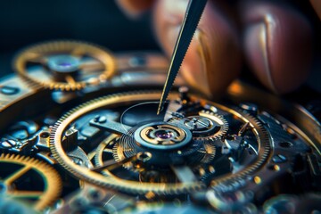 Aufkleber - This image gives a detailed view of a mechanical watch assembly process with a focus on gears and mechanism