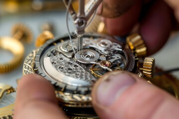 Aufkleber - A highly detailed image capturing a watchmaker's hands repairing the delicate components of a watch
