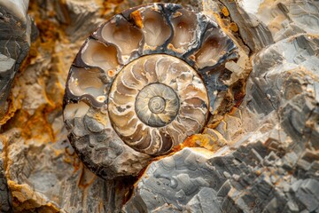Leinwandbilder - A detailed close-up of an ammonite fossil, showing its intricate spiral pattern within the surrounding rocks