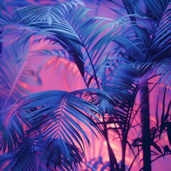 Wall Mural - Retro Palm Leaves in Retrowave Pastel Colors on Tropical Beach

