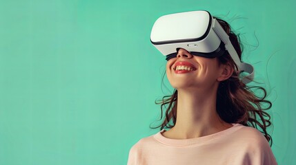 Fototapete - Smiling woman in white VR glasses on a pastel green background. Generative AI