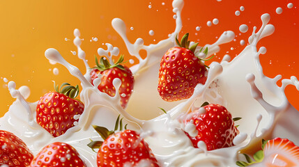 Wall Mural - Fresh strawberries splashing into milk with vibrant orange background