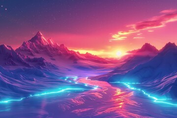 Wall Mural - Neon Desert Landscapes Under Neon-Lit Sky

