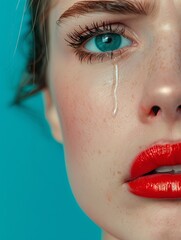 Wall Mural - A young womans face adorned with red lipstick, tear-streaked cheeks, and mascara running down, expressing sadness. Generative AI