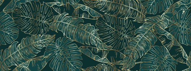 Gold and green monstera plants background. Floral pattern, palm, tropical leaves with golden lines, vector illustration.