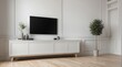 © free - Interior home of living room with LED TV and plant on white sideboard cabinet on white wall and hardwood floor