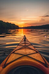 Kayaking on a serene lake at sunset, calm water, warm light, peaceful outdoor adventure