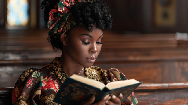Woman in church reading the bible