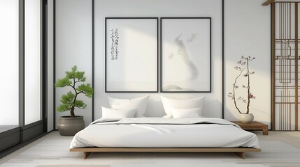 Two frame mockups, modern oriental hanok style bedroom interior