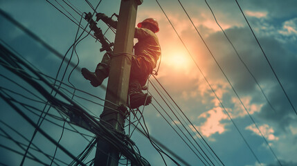 An electrician working on electric pole 