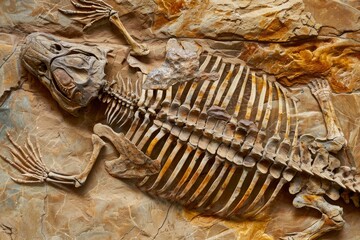 Leinwandbilder - A well-preserved dinosaur skeleton fossil embedded in rock, showcasing paleontological significance