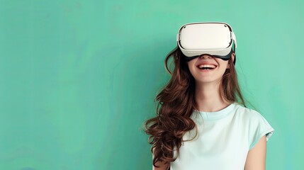 Fototapete - Young woman happily smiles while wearing white virtual reality glasses against a flat pastel green background. Generative AI