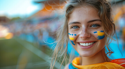 Happy football fan woman on stadium, created with Generative AI technology