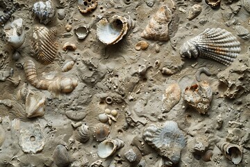 Aufkleber - A wide array of ancient fossils in dry sediment highlighting biodiversity