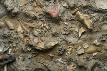 Aufkleber - Numerous fossil specimens with varying shapes and sizes in damp mud