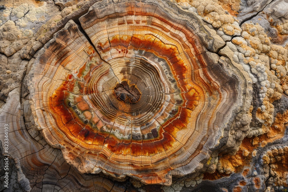 Showcasing a detailed petrified wood cross-section, the image reveals ...