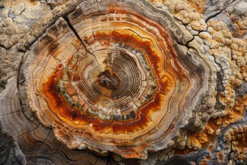 Poster - Showcasing a detailed petrified wood cross-section, the image reveals the stunning natural pattern and coloration of the fossilized material