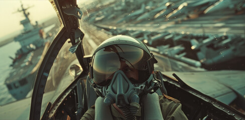 Wall Mural - A pilot in the cockpit of a fighter plane, flying over military ship