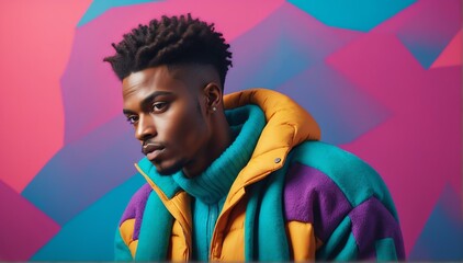 Wall Mural - young handsome african guy model winter fashion portrait on bright background