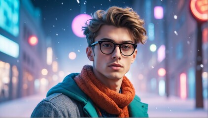 young handsome nerd guy model winter fashion portrait on bright background