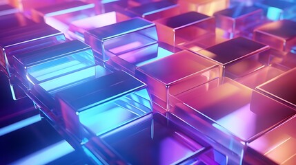 Abstract background with closeup shot of glossy crystal block with multicolored gradient reflection on blurred mirror surface