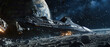 © Ai Studio - Futuristic spaceship hovering on a rugged, asteroid-strewn moonscape.