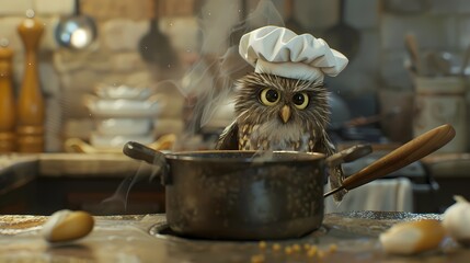 Wall Mural - A small owl in a chef's hat, stirring a tiny pot of soup