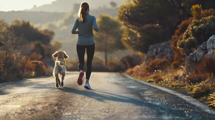 Jogging in the autumn forest with a dog