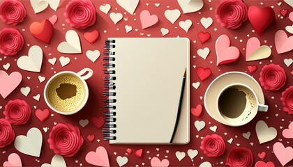 Wall Mural - copy Notebook flat Day Top rose space pink red lay petals Valentine's St up mock Romance felt view hearts Background Paper Heart Love Space Education Couple Happy Card Mockup Women