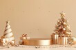 © Jahid CF 5327702 - Christmas backgrounds with podium stage platform in minimal New year event theme. Merry Christmas scene for product display mock up banner. Empty stand pedestal decor in Xmas winter scene. 3D render.