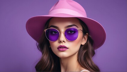 Wall Mural - bright purple background pretty girl model fashion portrait posing with sunglasses and hat
