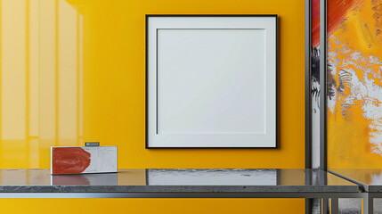 Wall Mural - A modernist gallery with a blank frame mockup on a grey polished table, deep yellow wall accentuating bold art pieces.