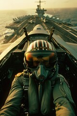 Wall Mural - A pilot in the cockpit of a fighter plane, flying over military ship