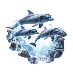 Three dolphins wearing goggles swimming in an ocean scene with rocky formations and clear blue water, showcasing underwater beauty.