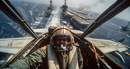 Wall Mural - A pilot in the cockpit of a fighter plane, flying over military ship