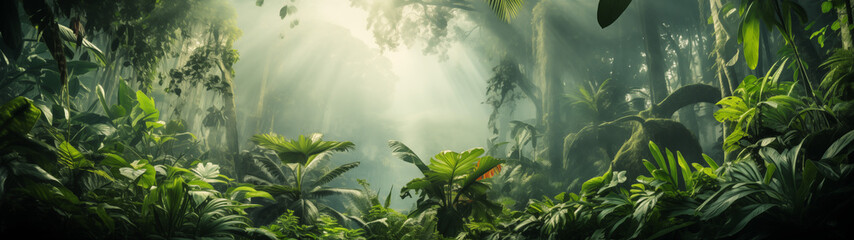 Poster - Lush Tropical Jungle with Sunlight Filtering Through Trees