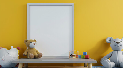 Wall Mural - A vibrant childrena??s playroom with a blank frame mockup on a grey table, deep yellow wall enhancing the playful atmosphere.