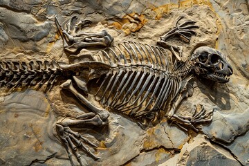 Leinwandbilder - A fully articulated dinosaur skeleton fossil embedded in stone, displayed for scientific study