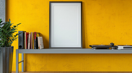 Wall Mural - A vintage record shop with a blank frame under a grey table, a deep yellow wall giving a retro vibe.