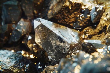 Poster - Detailed image of translucent crystals with a clear structure and sparkles of golden light reflections