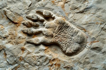 Leinwandbilder - Detailed image showing a prehistoric animal paw print fossilized in stone, with visible claw marks