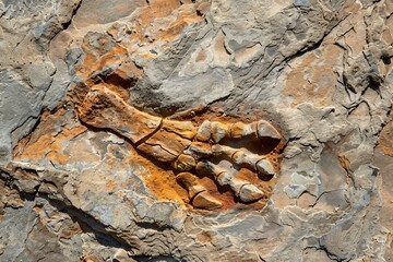 Leinwandbilder - Close-up of a well-preserved dinosaur footprint fossil embedded in rock, showcasing ancient wildlife