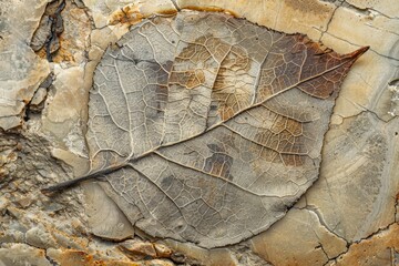 Leinwandbilder - Macro shot of a fossilized leaf with intricate vein patterns preserved in sedimentary rock