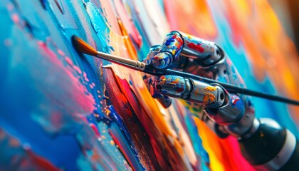 A robotic arm holding a paintbrush creating vibrant, colorful artwork on canvas, merging technology with creative expression