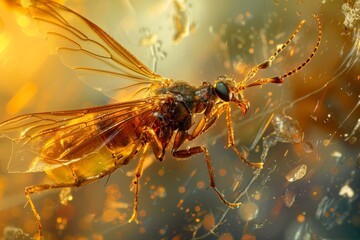 Poster - This striking image captures a fly trapped in amber, with microscopic details visible in warm light