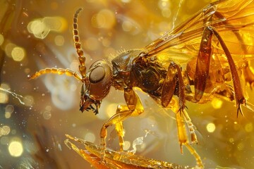 Poster - Detailed macro shot highlighting a wasp perfectly preserved in golden amber, showcasing the insect's anatomy and the resin's clarity