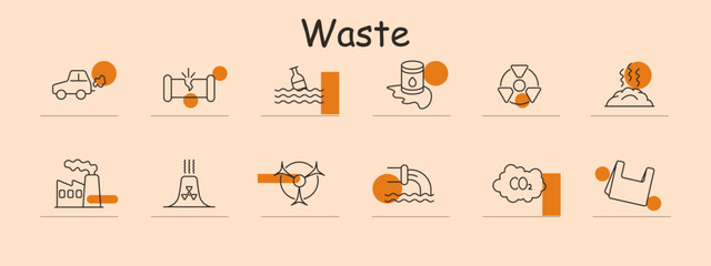 Waste set icon. Car exhaust, broken pipe, bottle in water, oil spill, radioactive waste, landfill, factory emissions, nuclear waste, water pollution, CO2, plastic waste. Pollution concept.