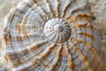 Aufkleber - This image showcases a close-up of a spiral-patterned shell resting on a textured rocky surface, displaying its intricate details